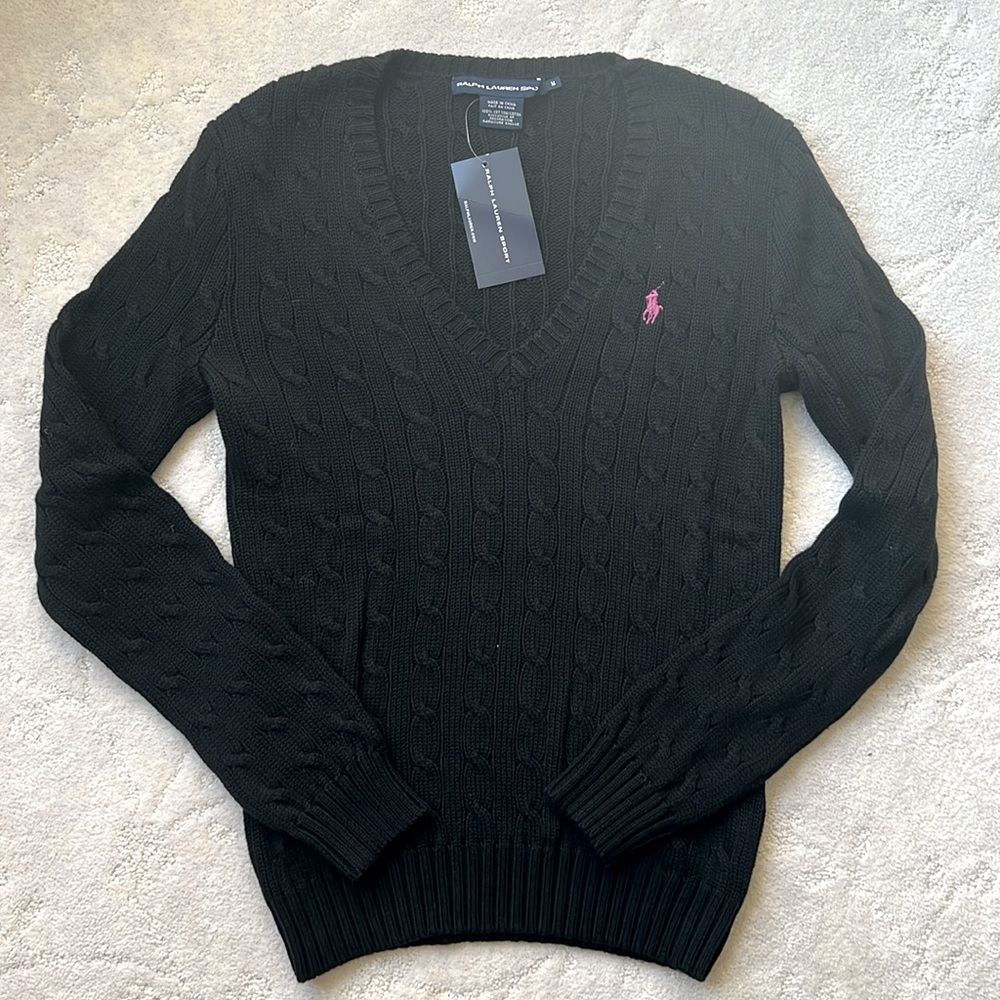 NWT Black Knit 🧶 VNeck Cut Sweater w/PINK Embroidered Pony, Ralph Lauren Sport